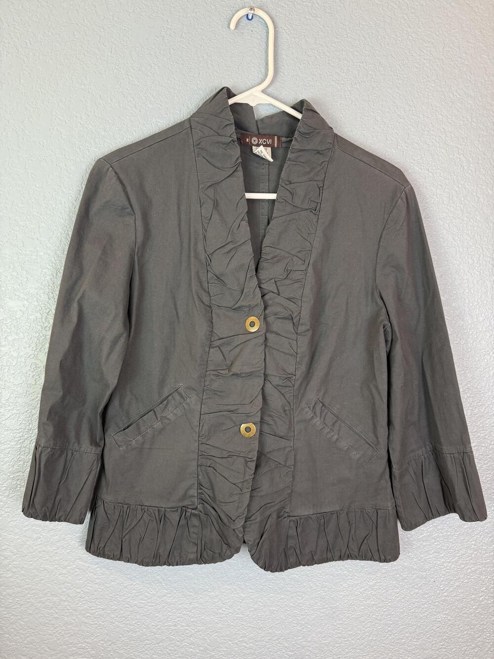 XCVI Jacket Womens Medium Gray Ruffle Button Stretch Cotton Blazer Style 1982